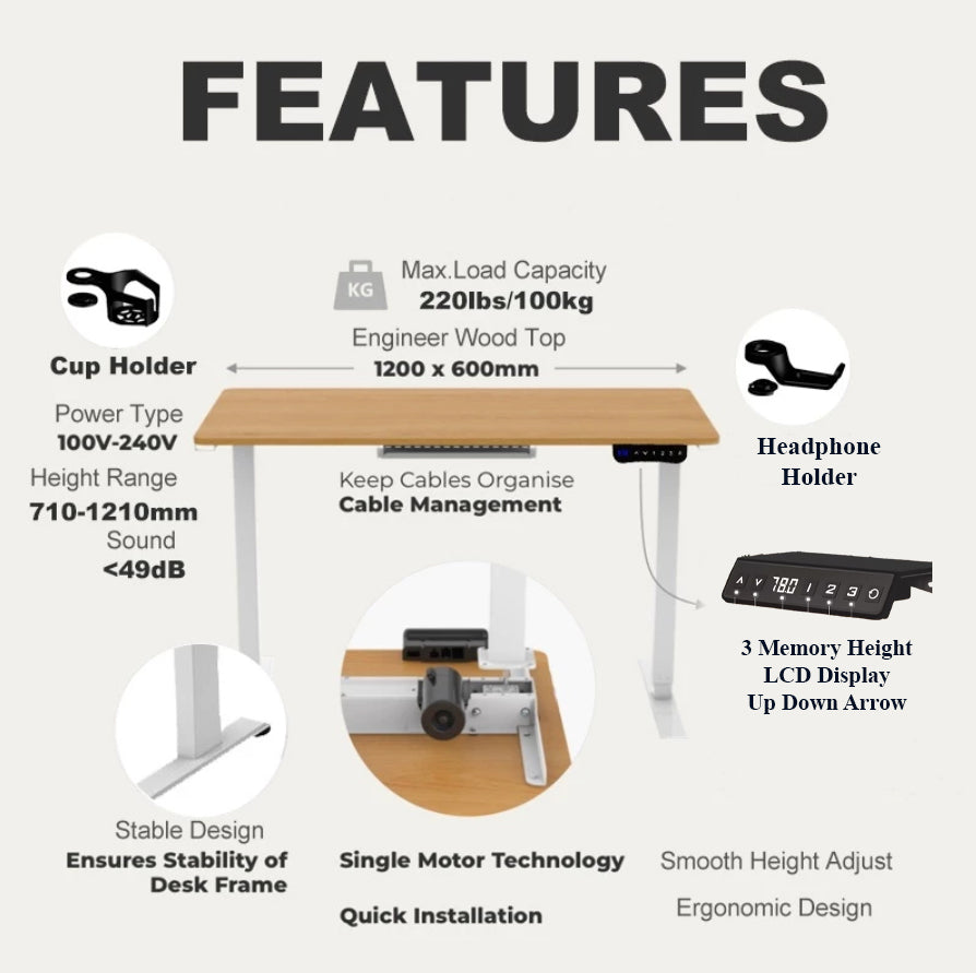 👉Free Installation👈 Electric Adjustable Standing Desk (25mm) – MDF Laminated Board Height Adjustable Table (White / Black / Oak / Walnut) | Multiple Sizes